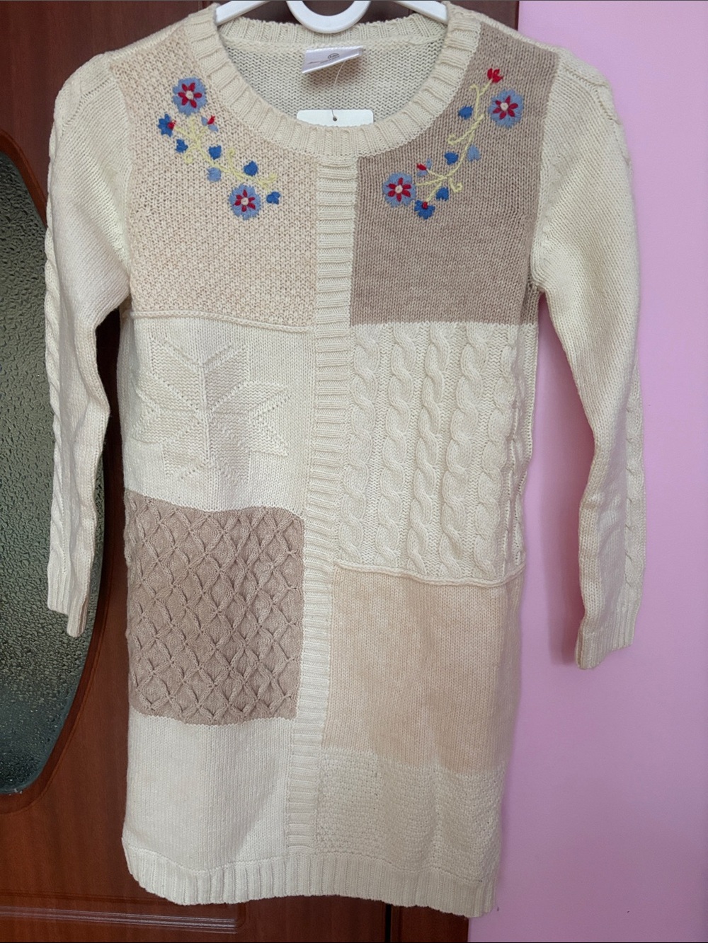 Hanna Andersson Cream & Beige Embroidered Patchwork Knit Dress